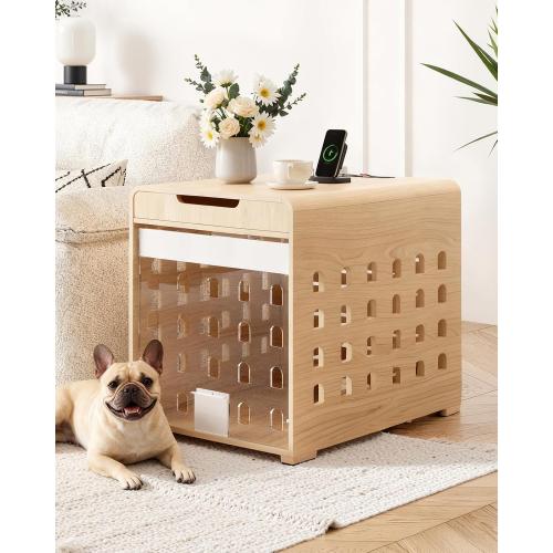 Modern Dog Crate Furniture with Charging Station Medium Kennel Indoor with Flip-up Hidden Acrylic Door for Small and Medium Breeds up to 50lb Wood Pet End Side Table Cage, Oak (NO TEST)
