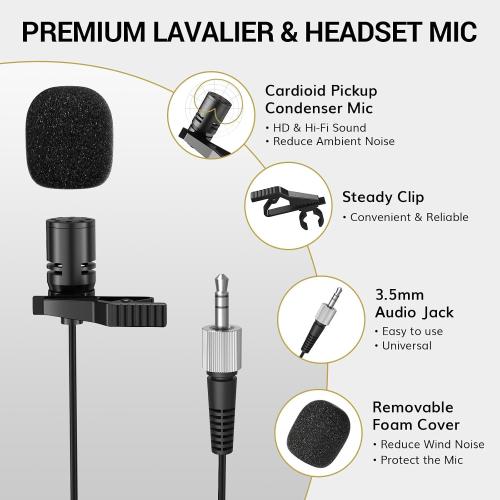 TONOR Wireless Microphones System with 8x12 Channels Headset/Lavalier Lapel Mics, Bodypack Transmitter, Receiver, 90 m/295ft UHF Range for Church Conference Performance Singing Karaoke PA Speaker