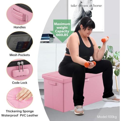 DocSafe Storage Ottoman Bench with Lock,Fireproof 30 Inches Folding Bench Foot Rest Stool Storage Chest Safe for Living Room,Bedroom,Home Office,Waterproof Leather Ottoman with Handles,Pink