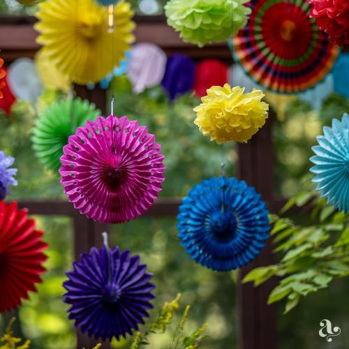Mexican Fiesta Party Decorations - Colorful Paper Fans & Pom Poms (20 pcs)