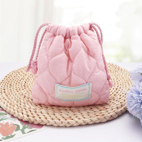 Cotton Quilted Drawstring Makeup Bag Small Cosmetic Bag Preppy Portable Toiletry Pouch for Purse Cute Pink Travel Organizer Bags Aesthetic Mini Storage Bags for Women Girls Kids Mama Gift
