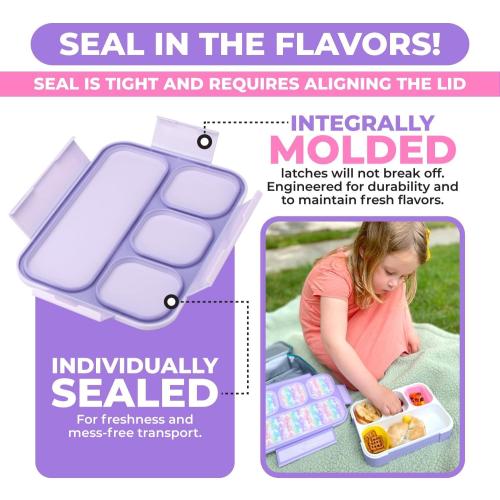 Bento Lunch Box with Insulated Bag, Ice Pack and Bento Accessories for Girls. Snack Containers with 4 Compartment Dividers for Toddlers Pre-School Daycare BPA Free Set, Utensils, Rainbow Unicorn