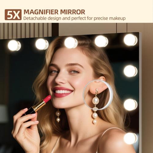Memobarco Vanity Mirror with Lights, Makeup Mirror with USB/Type-C Charging, Large Hollywood Mirrors w/ 15 LED Bulbs & 5X Magnifier, LED Mirrors for Bedroom Tabletop & Wall Mounted