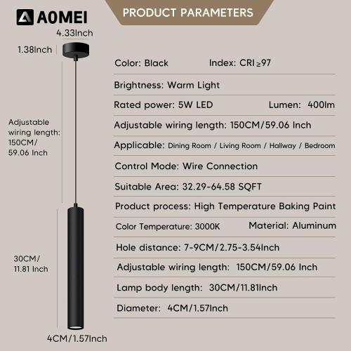 Color Black Black Natural Light Spectrum LED Pendant Lights with Height Adjustable, 3000K Minimalist Modern Cylinder 5W Mini Long Tube Hanging Lamp