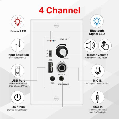 STUDIOFINIX 6.5 Inch Bluetooth Ceiling Speakers,600W 2-Way System with Wall Amplifier,for Home Theater, Living Room,Office,Kichten,Study Room,Basement,Covered Patio and Flush Mount (4 Speakers)