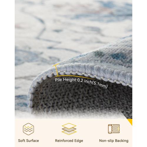 Area Rugs 8'x10' Washable Non-Slip, Floral Vintage Distress Print Pattern Medallion Carpet for Living Room Bedroom Dining Room, Light Blue Navy Beige Gray White