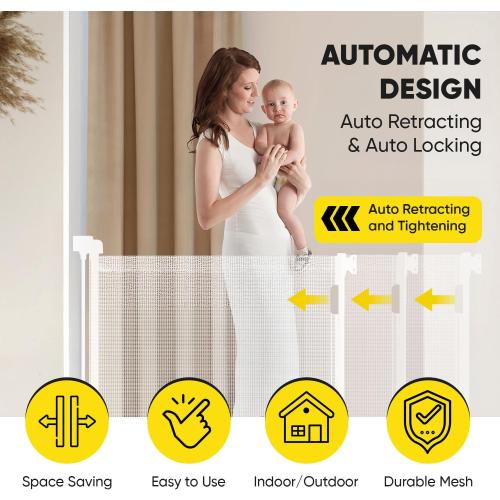 Retractable Baby Gate – 35 Tall, 55 Wide Mesh Safety Gate for Dogs & Babies, Indoor/Outdoor Use for Stairs, Doorways, Hallways, Deck & Porch – Easy One-Handed Wall Mount Design