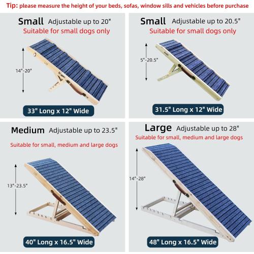 ZJSF Foldable Wooden Dog Ramp for High Bed, Dog Stairs for Small Dogs, High Traction Platform with 6 Adjustable Heights (14-28), 48 L, Supports up to 200 lbs
