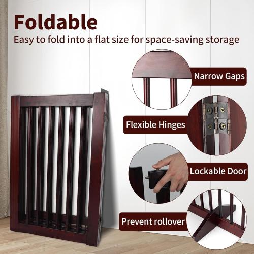Wooden Freestanding Pet Gate, Pet Gate for Dogs, 29.5inch 4-Panel Wooden Dog Fence with 2 Support, Feet Folding Dog Gate for Indoor, Doorway, Stairs, Kitchen, 81.5“L×30”H (Brown)