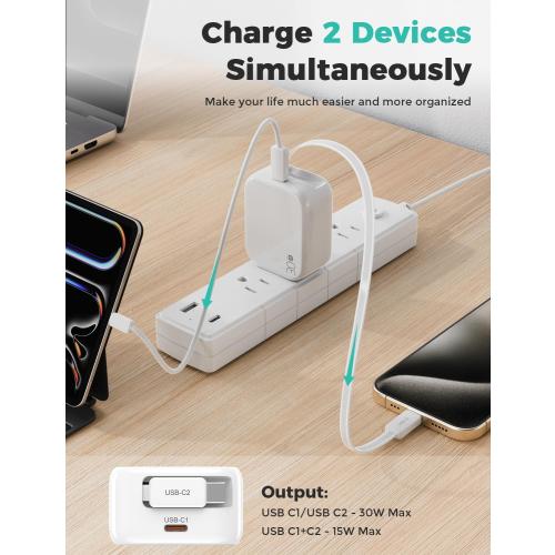 2-in-1 Retractable Wall Charger Plug with USB C Port and 27in/70cm Type C Cable,Travel Essentials 30W Fast Charging Foldable Block for iPhone 17/16/15,iPad,Galaxy,Pixel-White