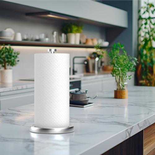 Paper Towel Holder Countertop, One-Handed Tear, Stainless Steel, Weighted Base, Silver, Paper Towel Roll Holder Stand with Ratchet Mechanism for Kitchen Bathroom Farmhouse Essentials Decor Accessories