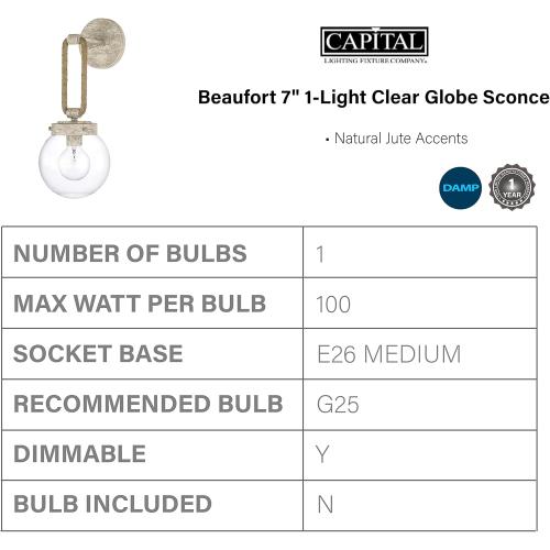 Capital Lighting 627412MS Beaufort Coastal Bohemian Clear Glass Orb Wall Sconce with Natural Jute Accents, 1-Light 100 Watt, 18 H x 7 W, Mystic Sand