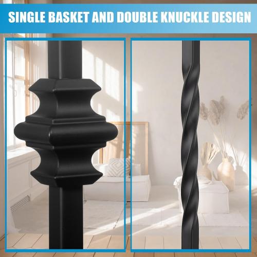 10 Pack Color Black  Staircases Iron Balusters -1/2'' Square Hollow Metal Spindles with Single Knuckle and Double Knuckle Design, Includes 10 Flat Shoes & 10 Angle Shoes