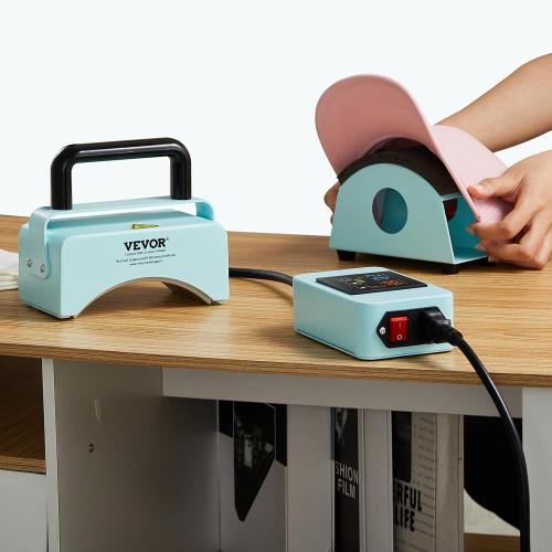 VEVOR Hat Press Machine, Mini Hat Heat Press for Caps with Integrated Control Panel, Cap Heat Press Machine with 5.9x3.15 inch Curved Heating Plate, Safety Base, and Glove, Automatic Shut-Off, Green