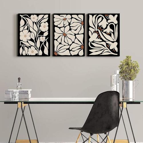 QGNBGBJ Framed Black Boho Flowers Plant Wall Art Abstract Botanical Flower Canvas Poster Vintage Bohemian Neutral Floral Prints Wall Decor Trendy Black Beige Floral Set for Girl Bedroom