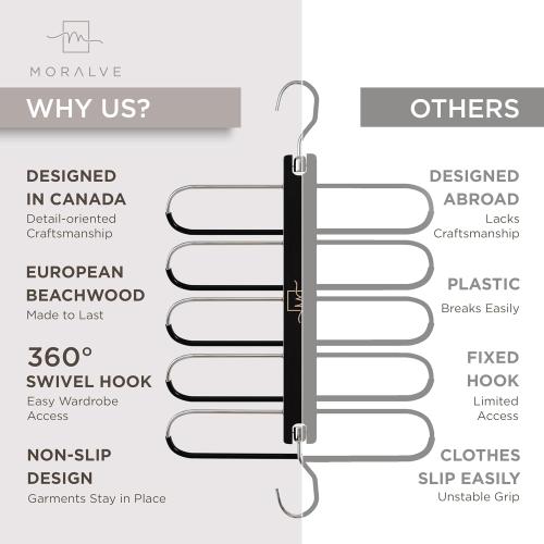MORALVE Pants Hangers Space Saving - 2 Pack European Beechwood Scarf and Jean Hangers - Closet Organizer and Space Saver Pant Rack, Leggings Hanger, and Scarf Holder with 360° Swivel Hook