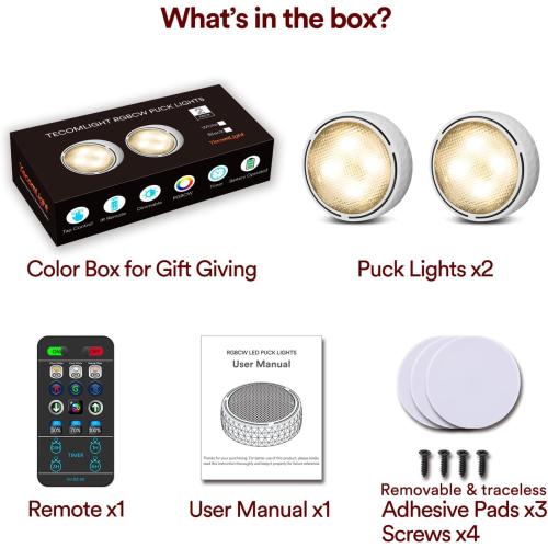 LED Puck Lights with Remote Control, Battery Operated Wireless Closet Light, Under Cabinet Lights Stick on Tap Light, Color Changing Under Counter Light for Kitchen, 2 Pack - White