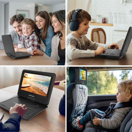 DBPOWER 11.5 Portable DVD Player, 5-Hour Built-in Rechargeable Battery, 9 Swivel Screen, Support CD/DVD/SD Card/USB, Remote Control, 1.8 Meter Car Charger, Power Adaptor and Car Headrest (Black)