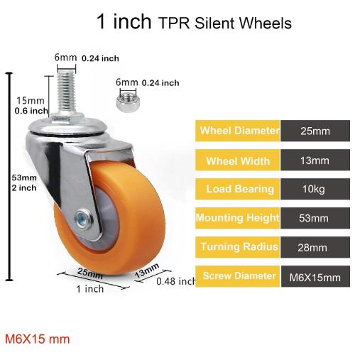 1 M6x15 Stem Casters Bolt Threaded Wheels,TPR Mute Rubber Swivel Single Caster Screws in Wheel Small with 2 Brake Locks-Orange