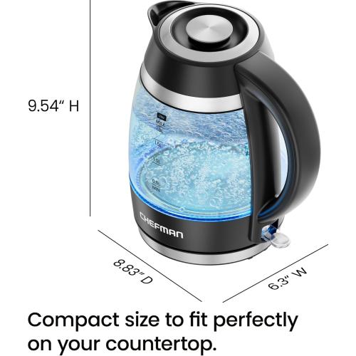 Chefman Electric Kettle, 1.8L 1500W, Hot Water Boiler, Removable Lid for Easy Cleaning, Auto Shut Off, Boil-Dry Protection, Stainless Steel Filter, BPA Free, Borosilicate Glass Electric Tea Kettle