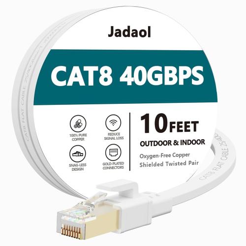 Jadaol Cat8 Ethernet Cable 10ft 40Gbps 2000MHz Flat S/FTP LAN Cable White