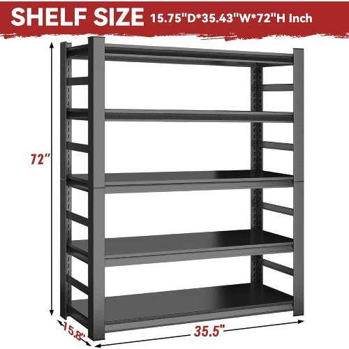 Garage Shelving 3000LBS Heavy Duty Shelving Units and Storage Shelves Adjustable 5 Tier Metal Shelving for Kitchen,Utility Room and Basement, 35.43 Wx15.75''Dx72''H, Black