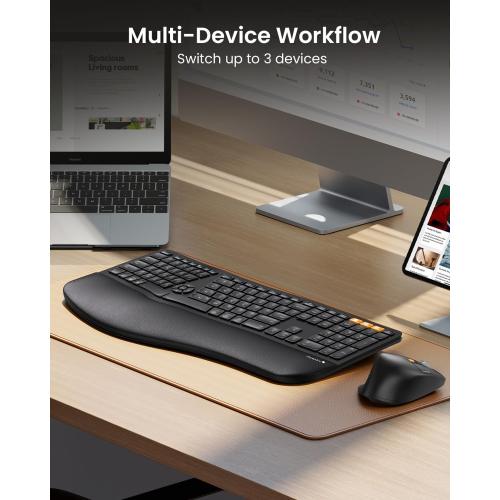 ProtoArc EKM01 Plus Wireless Ergonomic Keyboard Mouse Combo - Black | Full-size Split Keyboard with Cushioned Wrist Rest, Ergonomic Mouse, 3-Device Bluetooth/2.4G, USB-C Rechargeable