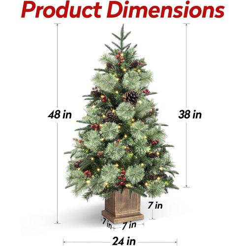 Jin&Bao 4FT Potted Christmas Tree with 100 Lights, 2 Pack Artificial Xmax Tree Timer Function with Long Pine Cones & Red Berries, 3AA Battery Operated Christmas Decorations for Outdoor, Porch