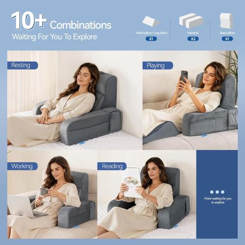 Kayfia Reading Pillow, 10 in 1 Back Pillow for Bed Sitting up with Detachable Arms Rest, Back Rest with Gel Memory Foam, Reading/Gaming/Working in Bed or Couch 19, Gray
