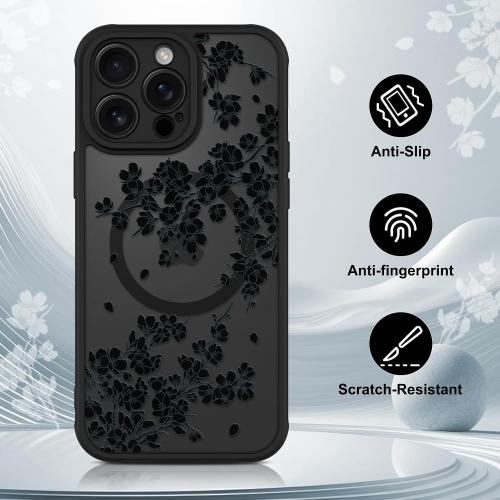 OOK Black Floral Flowers Phone Case Made for iPhone 13 Pro Max 6.7 Inch | Compatible with MagSafe, Magnetic, Translucent Phone Cover, Soft TPU   Hard PC, Anti-Scratch, Shockproof, for Women