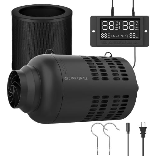 4 Inch Inline Duct Fan with EC Motor and Built-in Carbon Filter, Duct Fan Kit with Temperature Humidity Controller, Grow Tent Kits Ventilation System with Carbon Filter Combo