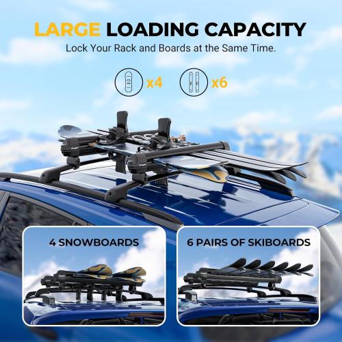 BougeRV Lockable Ski & Snowboard Racks, Extension with Sliding Feature, 28'' Fits 6 Pairs Skis or 4 Snowboards, Crab Mounting System Fits for Square/Aero/Oval Cross Bars