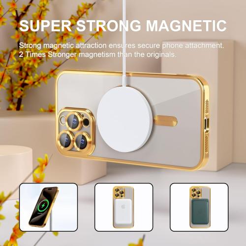 Size iPhone 15 Pro Max Color Gold Misea Magnetic for iPhone 15 Pro Max Case with MagSafe [Never Yellowing] [Military Grade Drop Protection] Full Camera Lens Protector Plating Soft Clear Phone Case for Women Girls, Gold