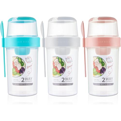 Mumufy 3 Pcs Salad Shaker Cup with Lids and Fork Fresh Salad Shaker Container for Lunch, Portable Breakfast Meal Vegetable and Fruits (White,Pink,Green)