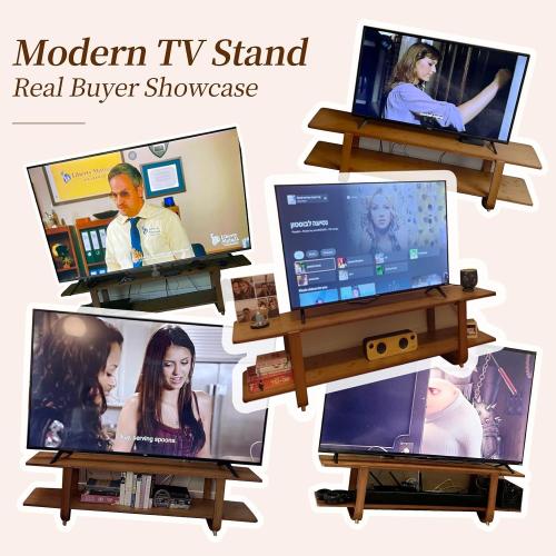 Wood Bamboo TV Stand for 55-Inch TVs, 2 Open Shelves, Modern Console | Mid Century Style, Open Storage for Electronics and Decor in Living Rooms and Bedrooms