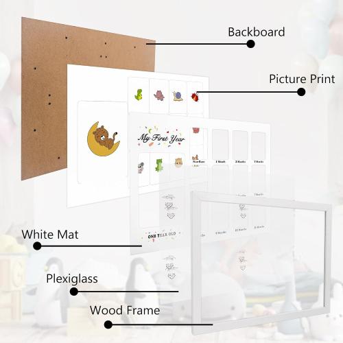 GMFrames Baby First Years Photo Frames 12 Month Picture Frame 12 * 16 for Holds (1) 5x7 & (12) 2x3 Wallet Size Photos White