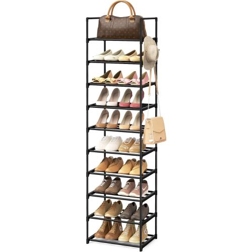 Narrow Shoe Rack 10 Tiers Tall Shoe Rack for Entryway 20 24 Pairs Shoe & Boots Organizer Storage Shelf Durable Black Metal Stackable Shoe Cabinet with Hooks, 17.1D x 11.8W x 78.7H in