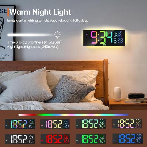 Digital Wall Clock Large Display, 13 Large Digital Wall Clock with RGB Color Remote Control, Automatic Brightness Dimmer Big Clock with Night Lights, Auto DST, Date Week,Perfect for Gift