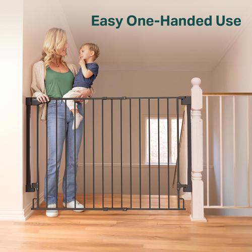 Cumbor 34 Extra Tall No Bottom Bar Baby Gate for Stairs, Hardware Mounted Dog Gate Indoor for Larger Pets, Expandable 31.6-48 Safety Gate for Doorways, Wide Walk Thru Door for Easy Access (Black)