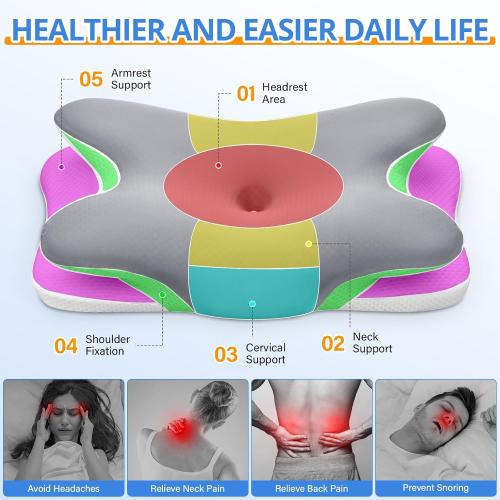 Cervical Neck Pillow, Ergonomic Memory Foam Pillows for Neck Pain Relief with Breathable Pillowcase, Adjustable Contour Neck Support Pillow for Side Back Stomach Sleepers (Gray)