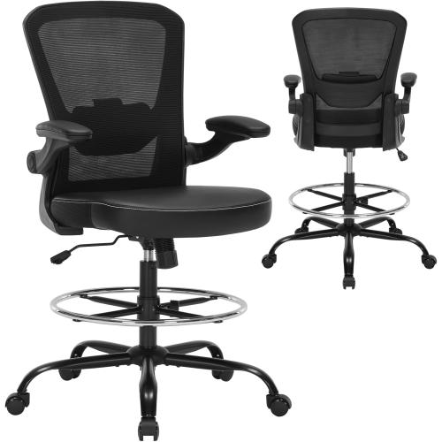 Drafting Chair Tall Office Chair with PU Leather Seat, 400lbs Ergonomic Standing Desk Chair with Lumbar Support,Counter Stool with Adjustable Footrest Ring & Flip-up Armrests,Black