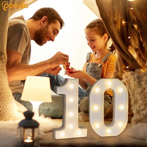 Pooqla Decorative Led Light Up Number Letters, White Plastic Marquee Number Lights Sign for 10th Birthday Party Wedding Decor Battery Operated Number (10)