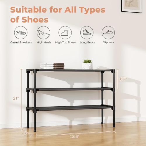 32.3 Widening Design Shoe Rack for Closet 16 Pairs Small Spaces Non-Woven 3 Tier Shoe Organizer Stackable Metal Shoe Shelf for Entryway, Bedroom