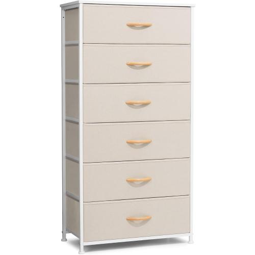 Crestlive Products Dresser for Bedroom with 6 Drawers, Tall Chest of Drawers, Fabric Dressers Bedroom Furniture, Storage Organizer Unit with Bins for Closet, Hallway, Living Room, Entryway(Beige)