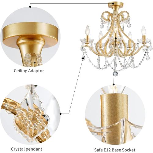 WUZUPS 5-Light Crystal Candle Chandelier Flushmount Ceiling Light Modern Lighting Fixture for Bedroom Hallway Bar Kitchen Bathroom, H 20.9 W 22, E12 Base, Gold