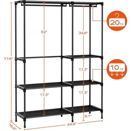 BLACK Clothes Rack, Portable Closet, 44.9 Inch Large Capacity Wardrobe Closet, Clothes Storage Organizer with Shelves and 2 Hanging Rods, Easy to Assembly, Black PCT021B01