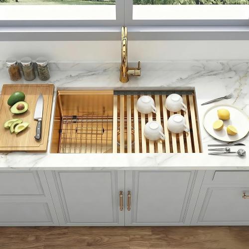 Gold Undermount Kitchen Sink, 16 Gauge T-304 Stainless Steel All In One Workstation Sinks With Full Set Accessories, 30 x 18 x 10 Large and Deep Handmade Single Bowl Kitchen Sinks