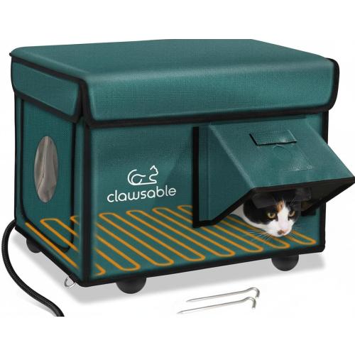 Indestructible Heated Cat House for Outside Cats Winter, 100% Weatherproof, Safe Escape Door, Insulated Outdoor Cat Shelter with Heater for Feral Barn Cat Kitty (Forest Green, 13x17x12.6)