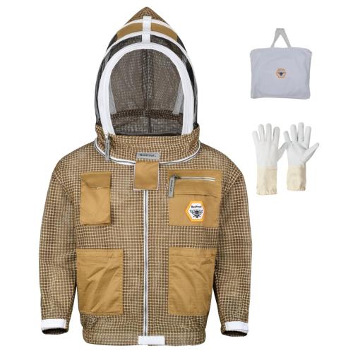 Beekeeping Jacket with Veil – 3-Layer Ultra Ventilated Bee Jacket with Long-Lasting YKK Zippers & Safety Fencing Hood – Full Protection Beekeeping Suit with Carrying Bag (Brown) XX-Large (BP-301)