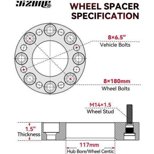 YIZBAP 2PCS 8x6.5 to 8x180 Wheel Adapters for Silverado 2500 Wheels on Sierra 2500HD Vehicle, 1.5 inch 8x165.1mm to 8x180mm Wheel adapters 117mm Hub Bore with 14x1.5 Thread Pitch